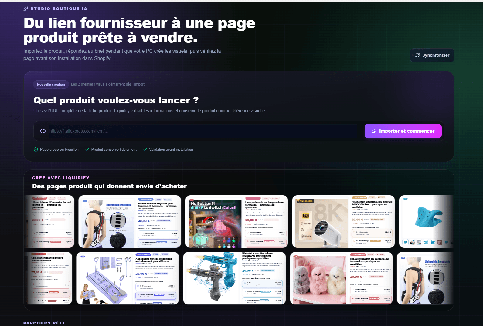 Nouvelle interface de génération de page produit Shopify par IA