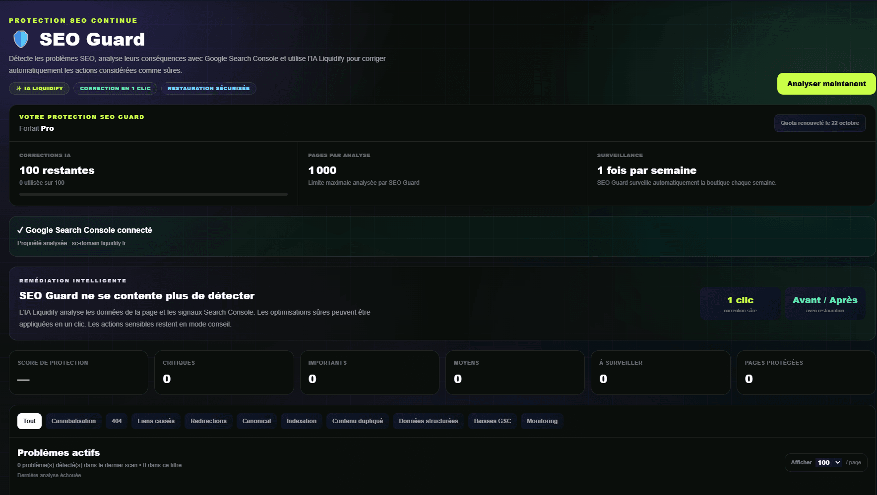 Tableau de bord SEO Guard de Liquidify