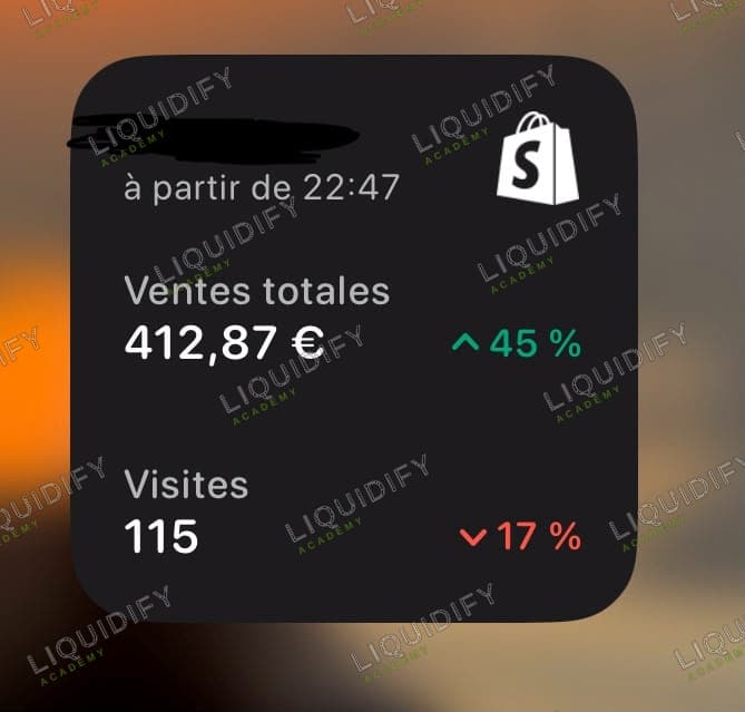 Aperçu Shopify affichant 412,87 euros de ventes