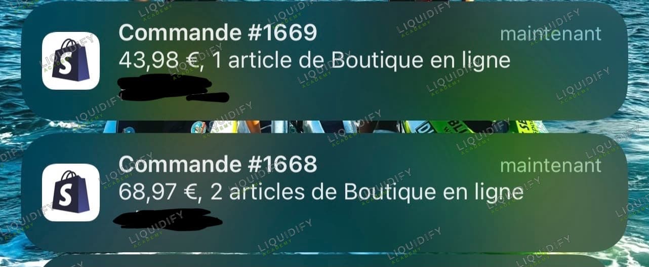 Deux notifications de commandes Shopify successives