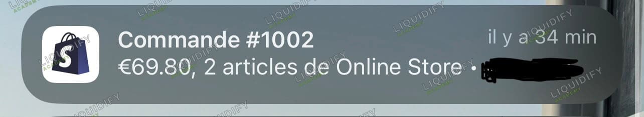 Notification d’une commande Shopify de 69,80 euros