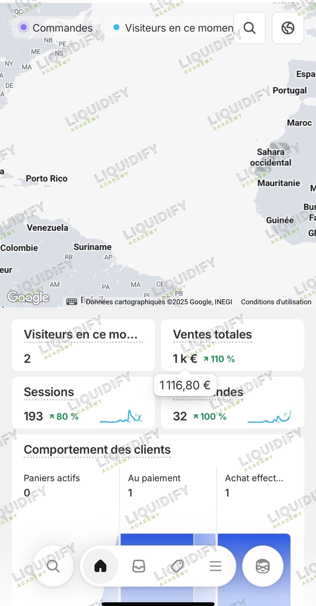 Vue en direct Shopify affichant plus de 1 000 euros et 32 commandes