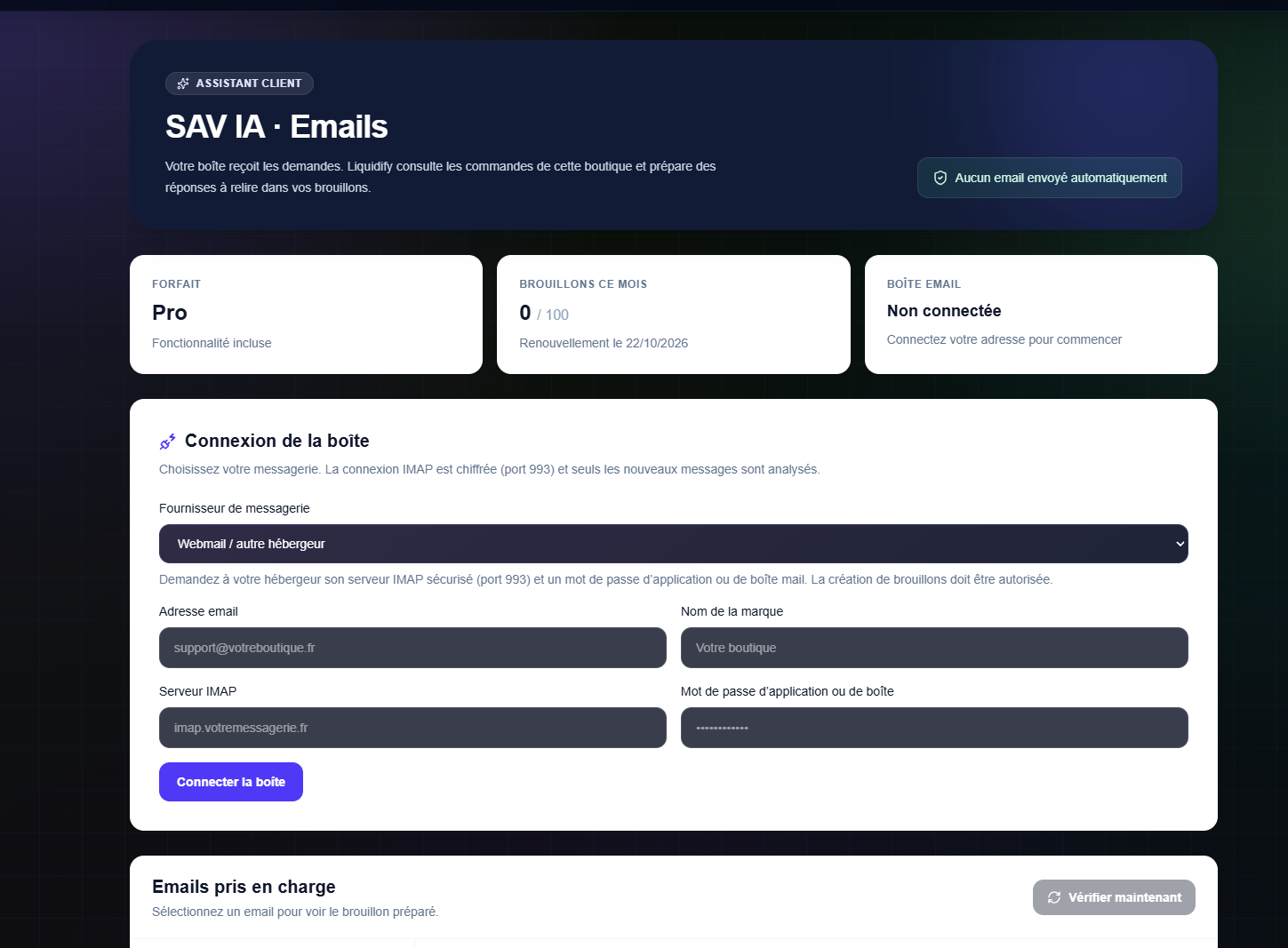 Interface de l’agent SAV IA Liquidify pour préparer les réponses clients