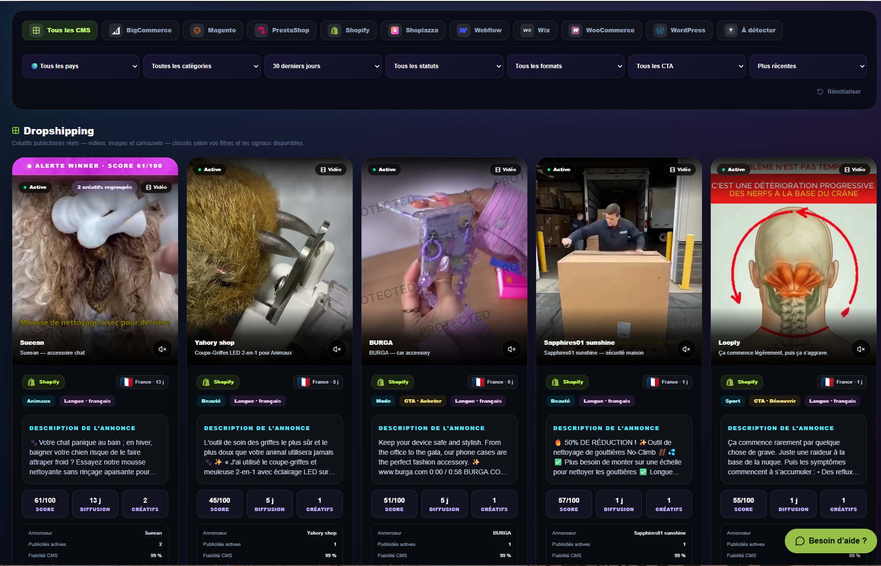 Interface Liquidify d’analyse de produits winner et de créatifs vidéo